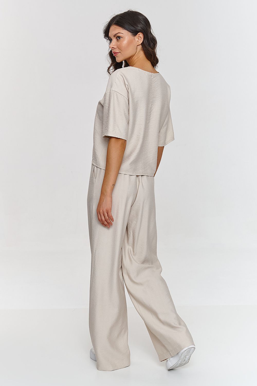 Stylish close-up of Makadamia's 2-Piece Blouse and Wide Leg Pants Set, showcasing the delicate lightweight material and modern wide-leg design.