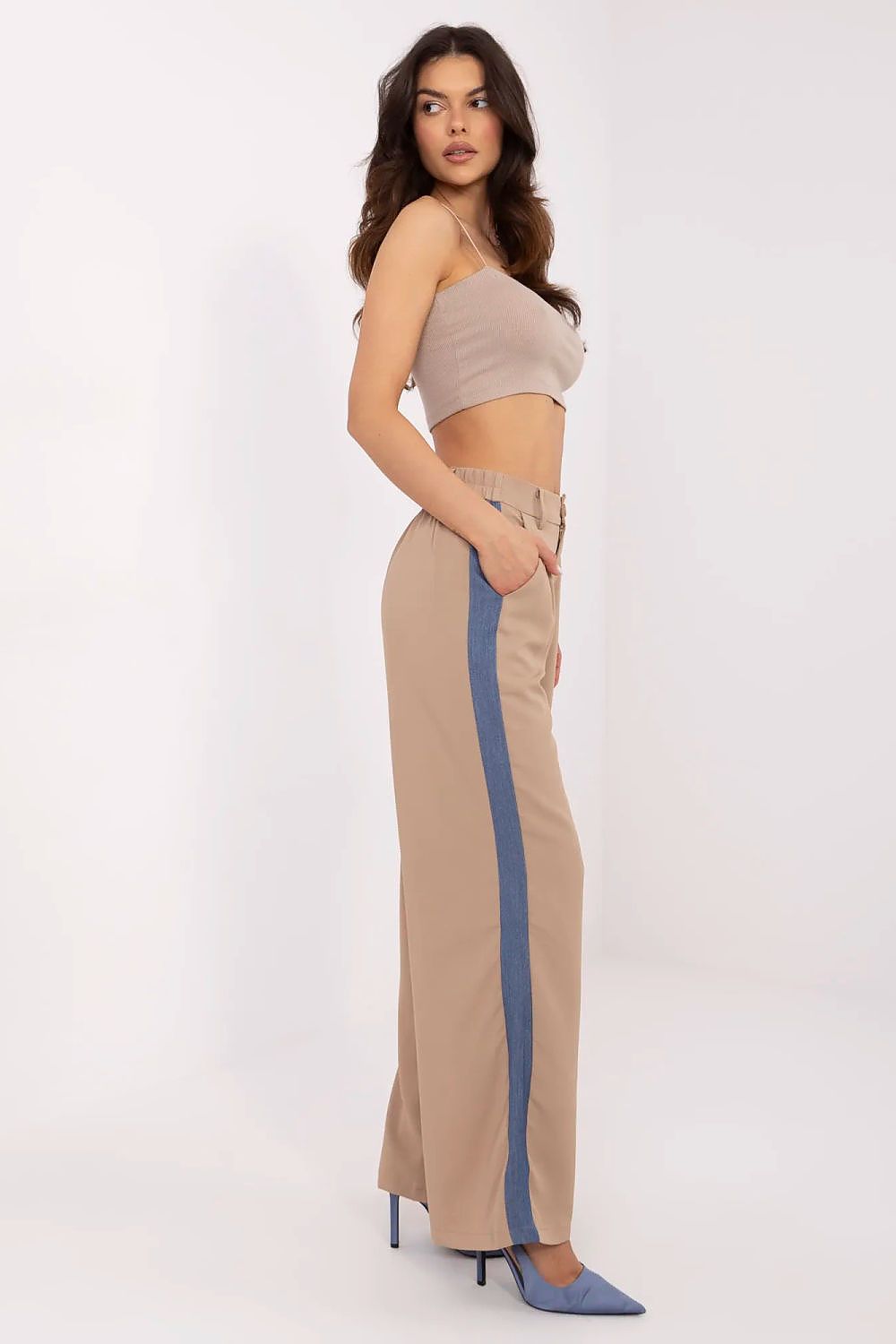 Luxury Women's High Waist Trousers by NM, showcasing wide leg design and elegant style with side pockets, perfect for a sophisticated casual look.