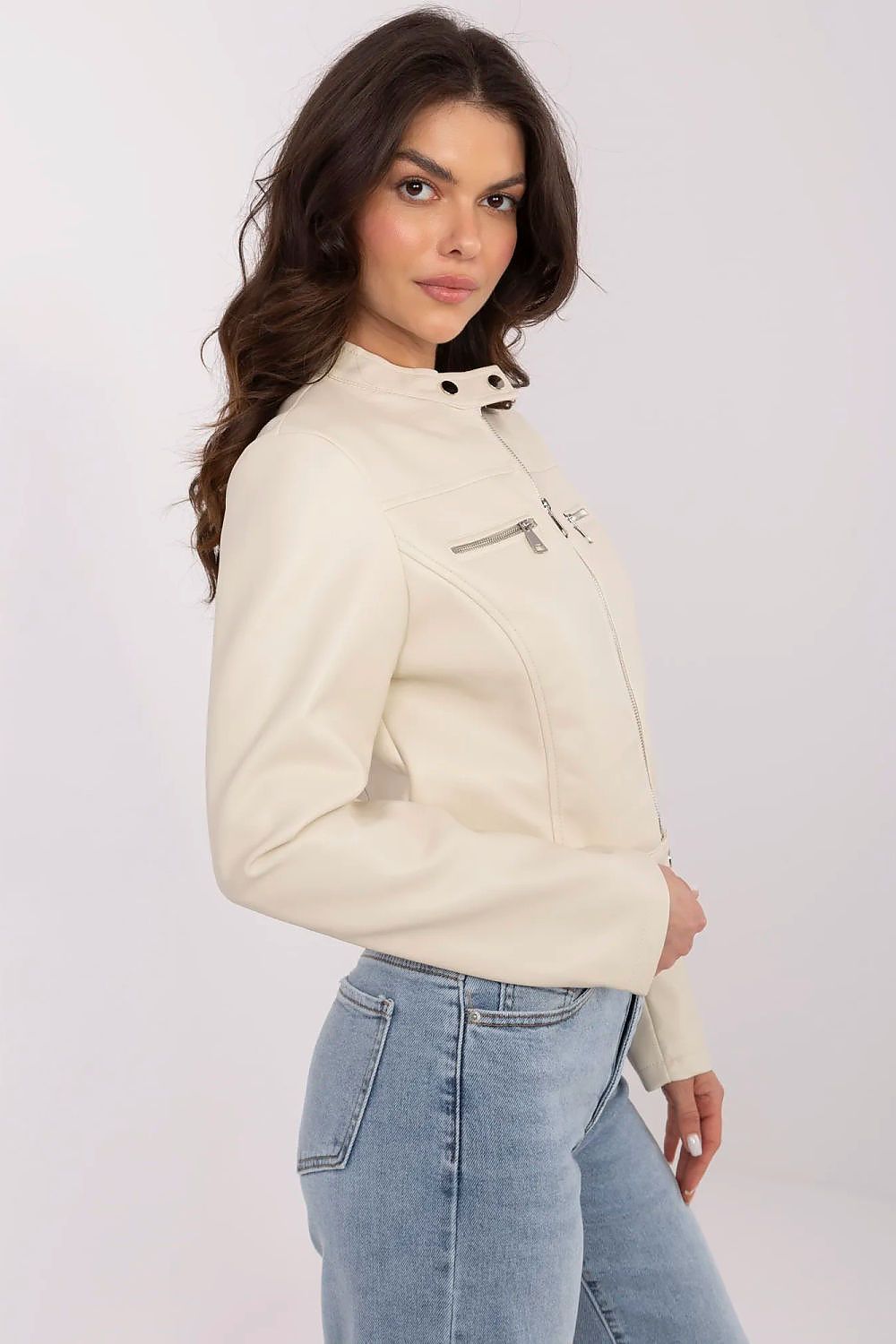 Elegant women's eco-leather jacket by NM in size M, perfect for transitional seasons with a comfortable fit and classic aesthetic.