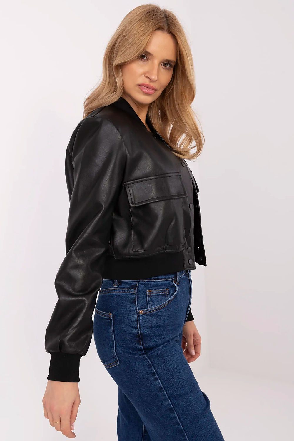 NM Women's Eco Leather Bomber Jacket - Close-up of Modern Snap Fastening and Practical Front Pockets, Ideal for Casual Outfits.
