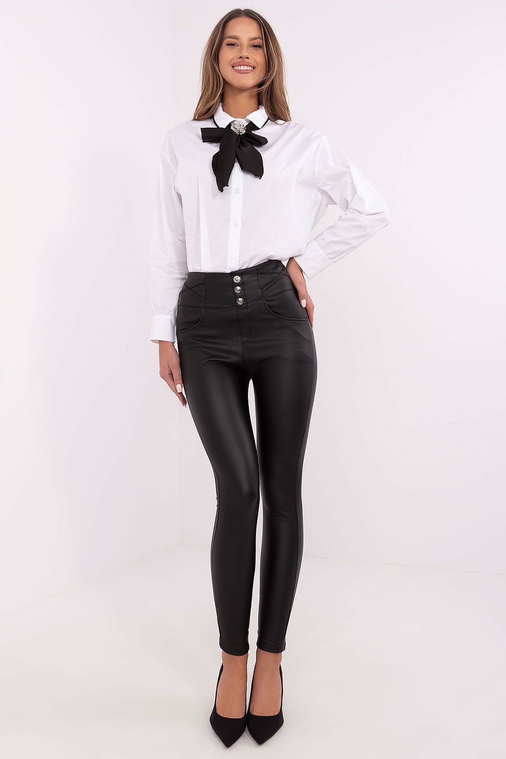 Elegant women's luxury skinny leatherette trousers by NM, high waist design for a flattering silhouette, available in sizes S to XL, perfect for chic and comfortable everyday styling.
