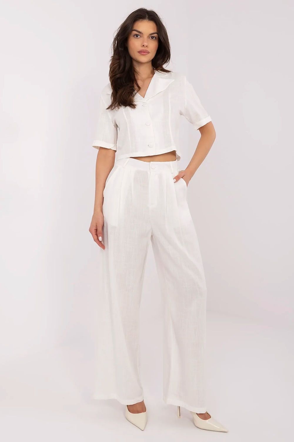Elegant Linen Viscose Ladies' Casual Set featuring a stylish short shirt and wide-leg pants, perfect for summer outings by NM.