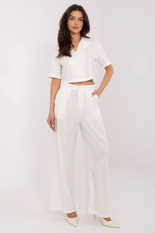 Elegant Linen Viscose Ladies' Casual Set featuring a stylish short shirt and wide-leg pants, perfect for summer outings by NM.