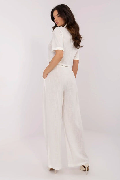 Sophisticated wide-leg pants of the Linen Viscose Ladies' Casual Set, highlighting a flattering high waist and functional inset pockets by NM.