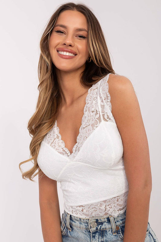 Elegant sleeveless openwork top by Sublevel featuring a delicate lace design and flattering V-neckline, perfect for summer styling.