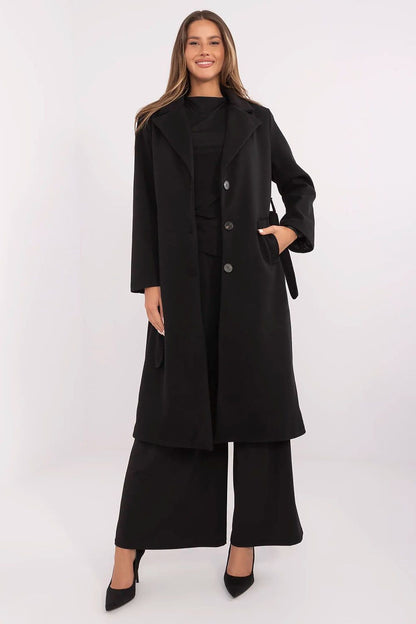Elegant knee-length women's coat by Italy Moda, featuring a classic striped design, perfect for transitional weather. Made from a high-quality polyester blend, this coat combines style and functionality, ideal for both formal and everyday wear.