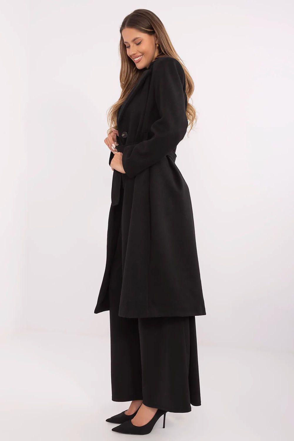 Elegant knee-length women's coat by Italy Moda, featuring a classic striped design in a polyester blend, perfect for formal occasions.