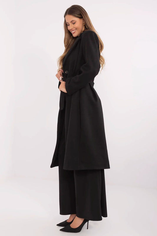 Elegant knee-length women's coat by Italy Moda, featuring a classic striped design in a polyester blend, perfect for formal occasions.