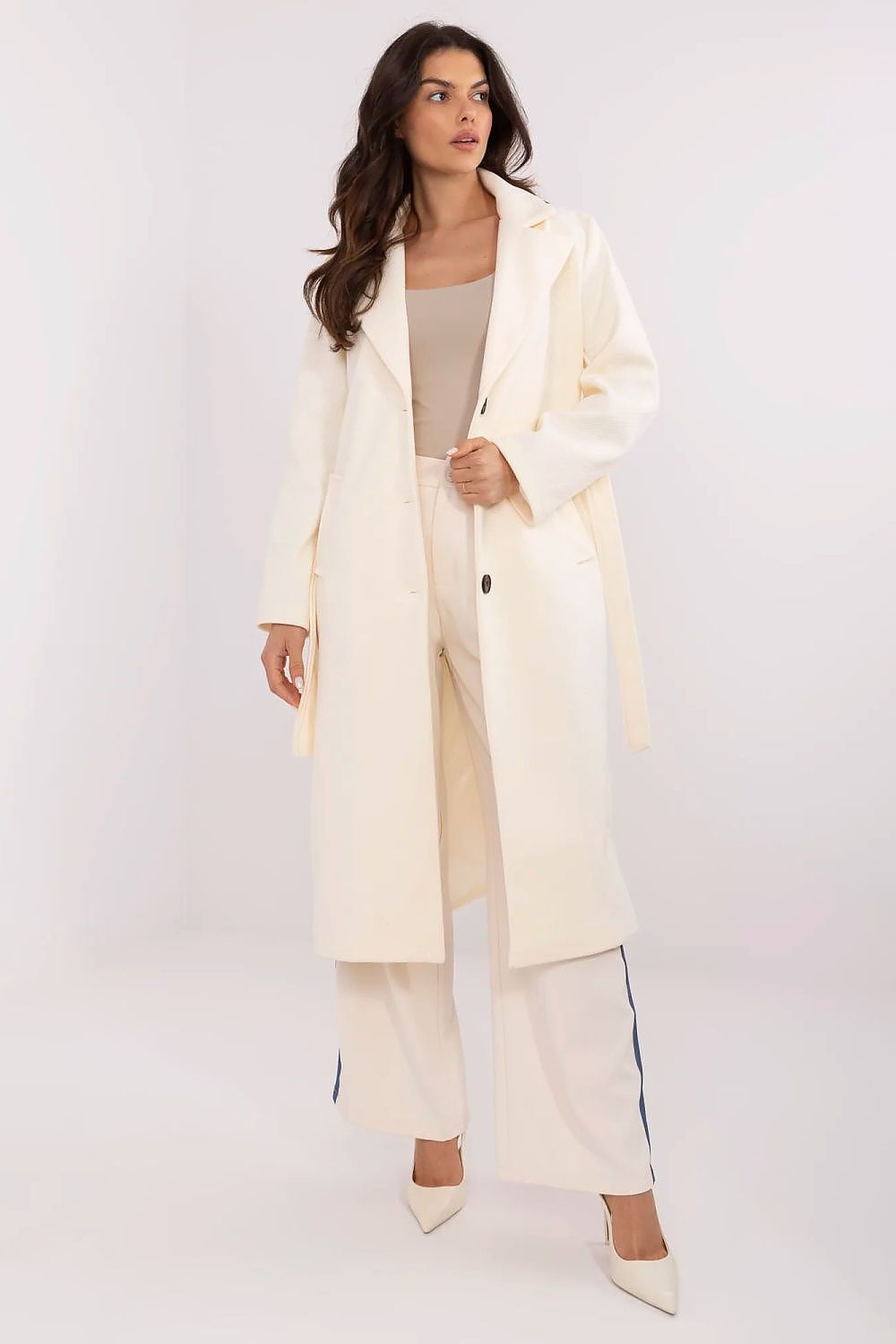 Italy Moda knee-length elegant women's coat, made from a comfortable polyester elastane blend, with slip pockets and tie belt for added style.