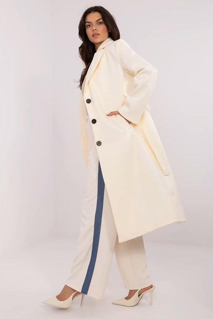 Sophisticated women's coat by Italy Moda, featuring classic stripes and elegant button closure, ideal for transitional days and work environments.