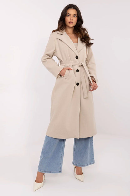 Elegant knee-length women's coat by Italy Moda, featuring a classic striped design, perfect for transitional seasons.