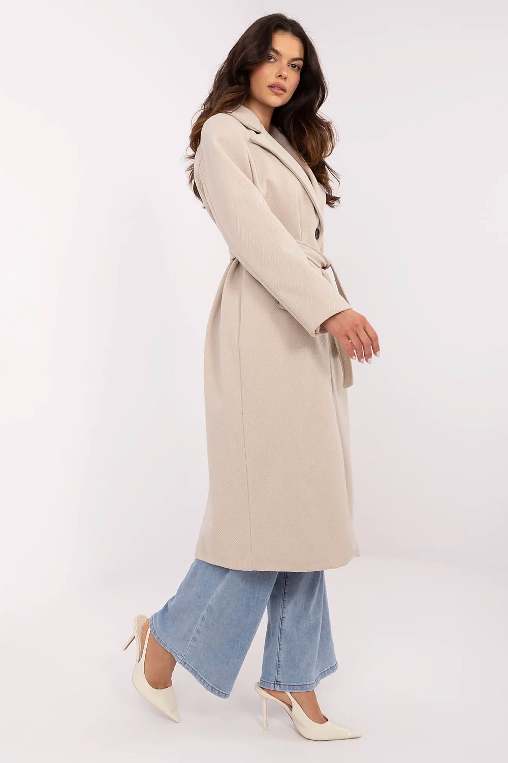Chic polyester blend women's coat by Italy Moda, showcasing a sophisticated tie belt and slip pockets for comfort.