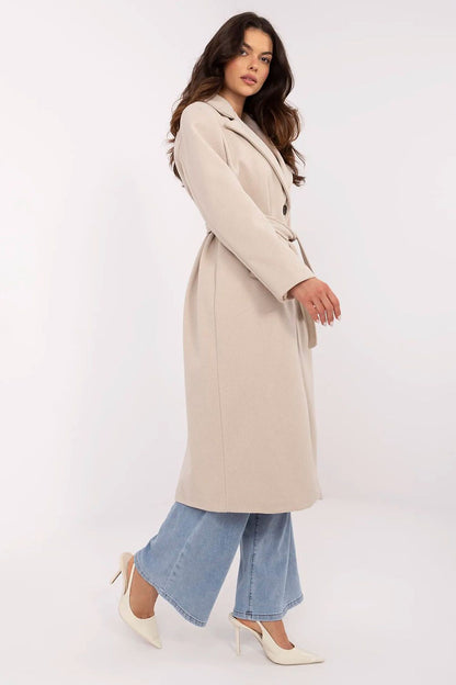 Chic polyester blend women's coat by Italy Moda, showcasing a sophisticated tie belt and slip pockets for comfort.