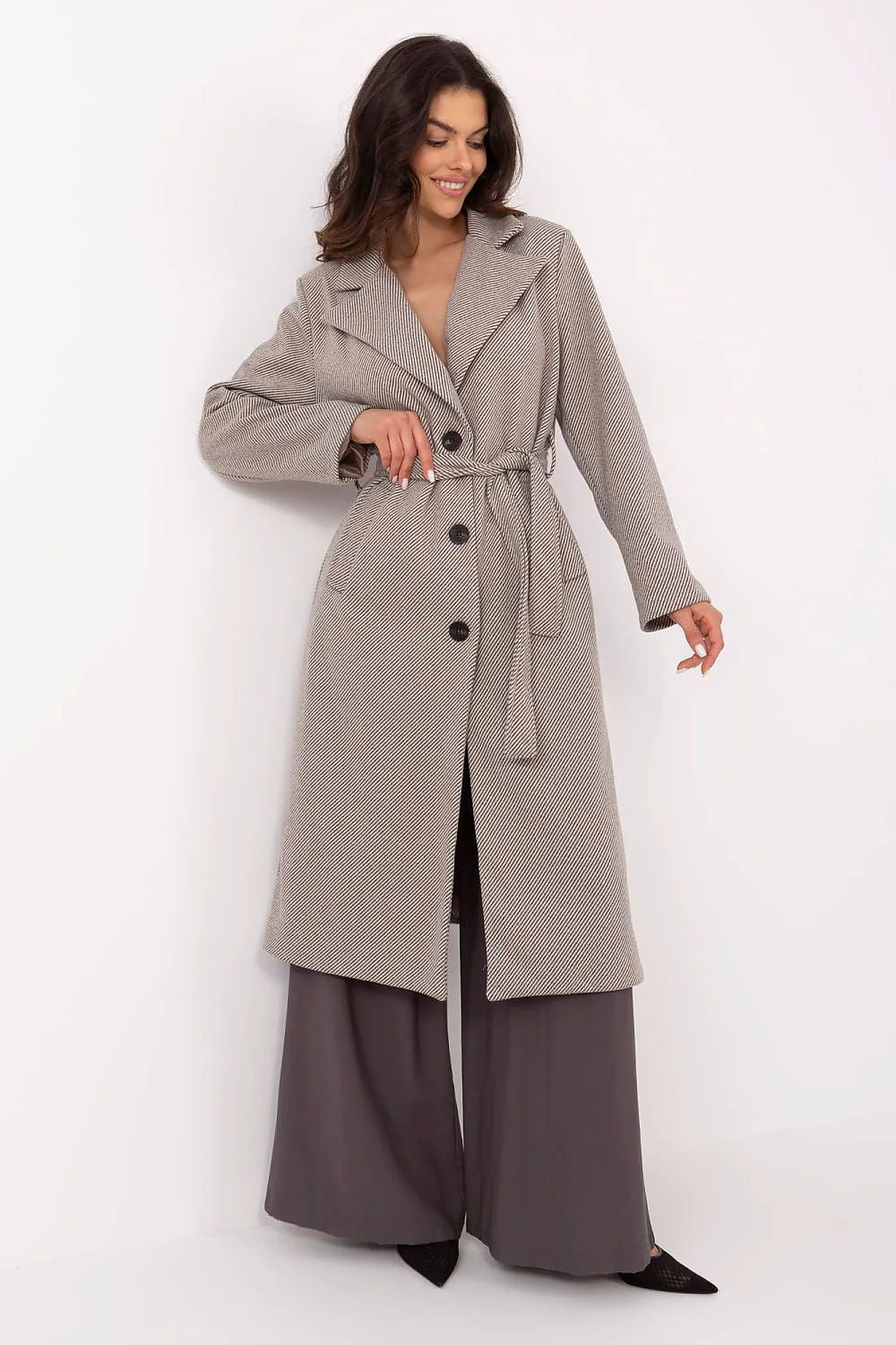 Italy Moda knee-length coat in classic stripes, tailored for timeless sophistication in women's fashion.
