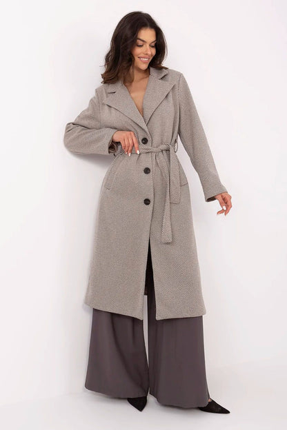 Italy Moda knee-length coat in classic stripes, tailored for timeless sophistication in women's fashion.