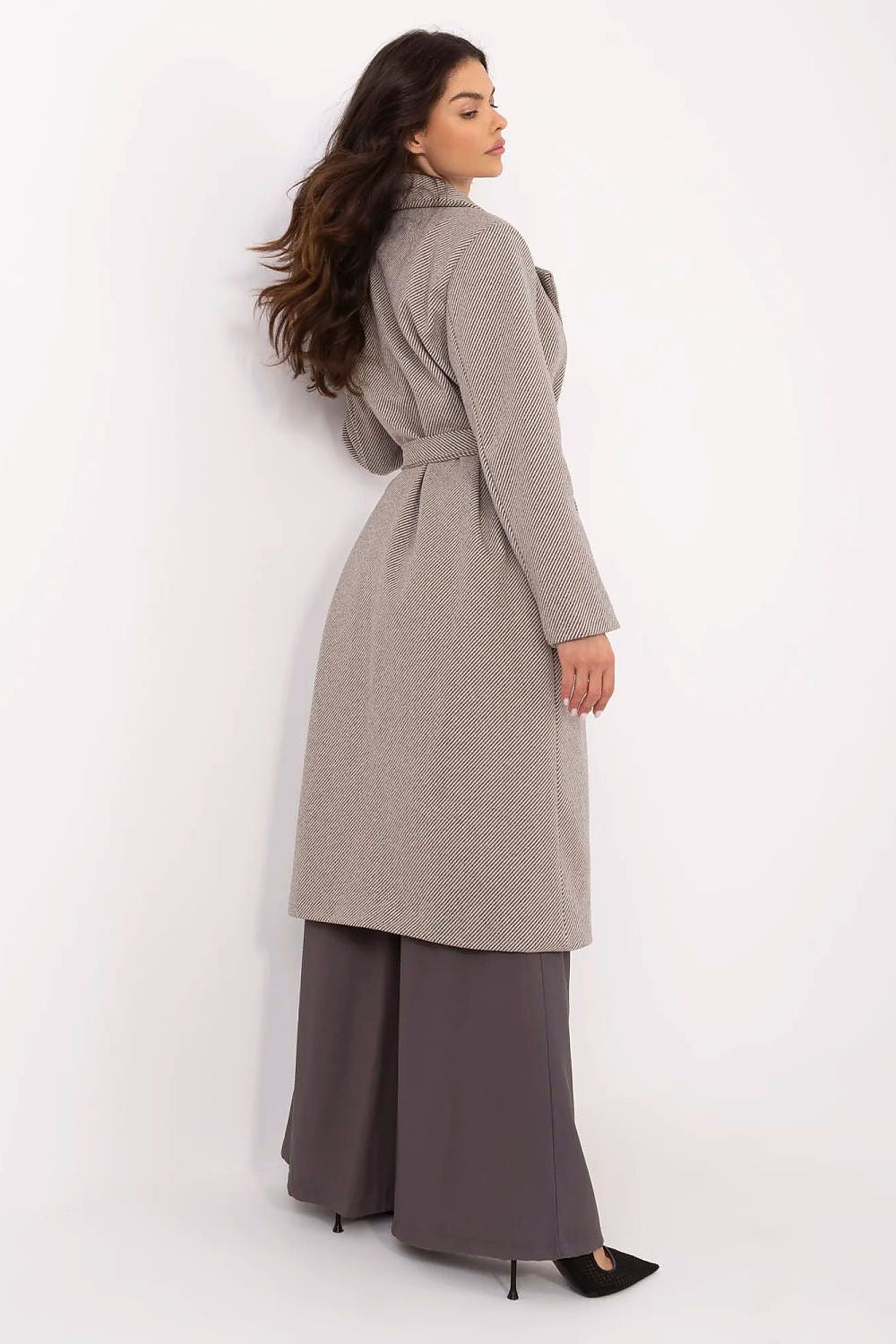 Elegant knee-length women's coat by Italy Moda, featuring a classic striped design and button closure, perfect for transitional days.