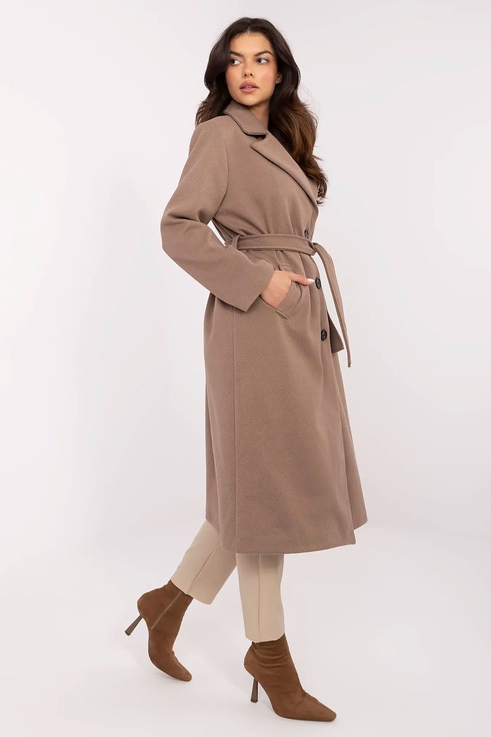 Stylish women's coat by Italy Moda displayed on a mannequin, knee-length and complemented with a tie belt, ideal for formal occasions.