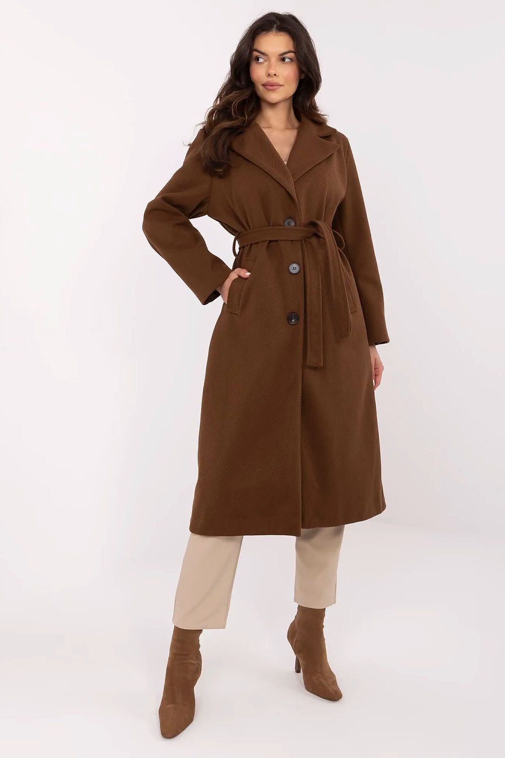 Full view of the women's knee-length coat by Italy Moda, modelled outdoors, depicting its sophisticated style for everyday wear.