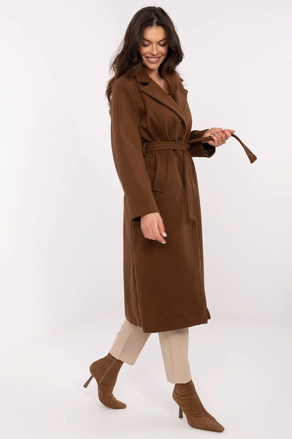 Luxury elegant knee-length women's coat by Italy Moda in classic striped design with long sleeves and button closure, ideal for formal occasions and everyday wear.