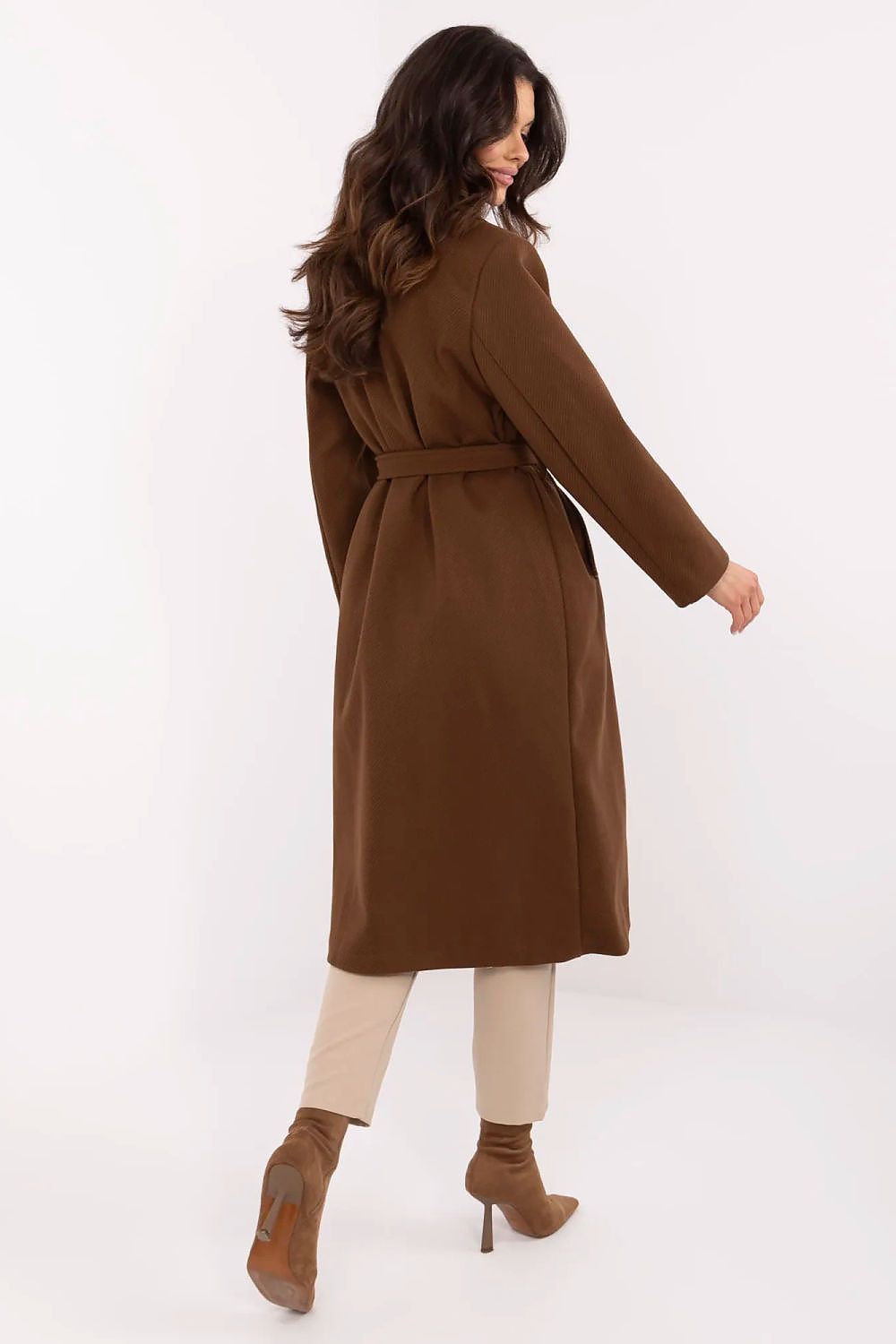 Italy Moda women's knee-length coat made of premium polyester blend, featuring subtle stripes, a tie belt, and sleek slip pockets for sophisticated style and comfort.