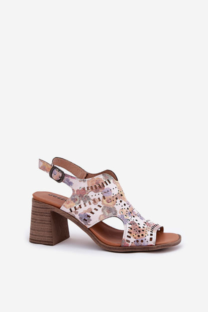 Close-up of Jezzi Women's Eco Leather Heel Sandals showcasing the intricate perforated upper and luxurious natural leather footbed, designed by Step in Style.