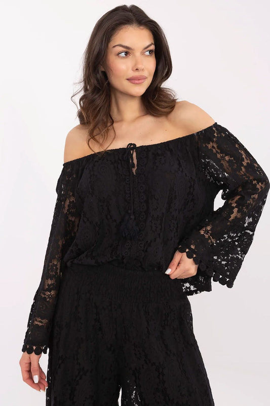 Elegant lace blouse with a Spanish neckline from Italy Moda, showcasing a stylish cotton and nylon blend. Perfect for formal occasions and special events.