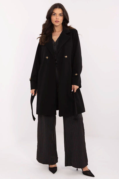 Luxury women's coat by Italy Moda, showcasing classic double-breasted design with shoulder pads and slip pockets.