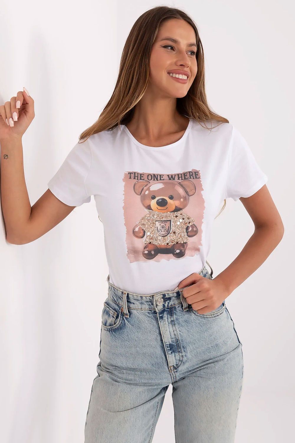 Stylish women's printed T-shirt with sequins and bow detail by NM, made from a soft cotton blend for everyday elegance, showcasing a striking print and feminine silhouette.
