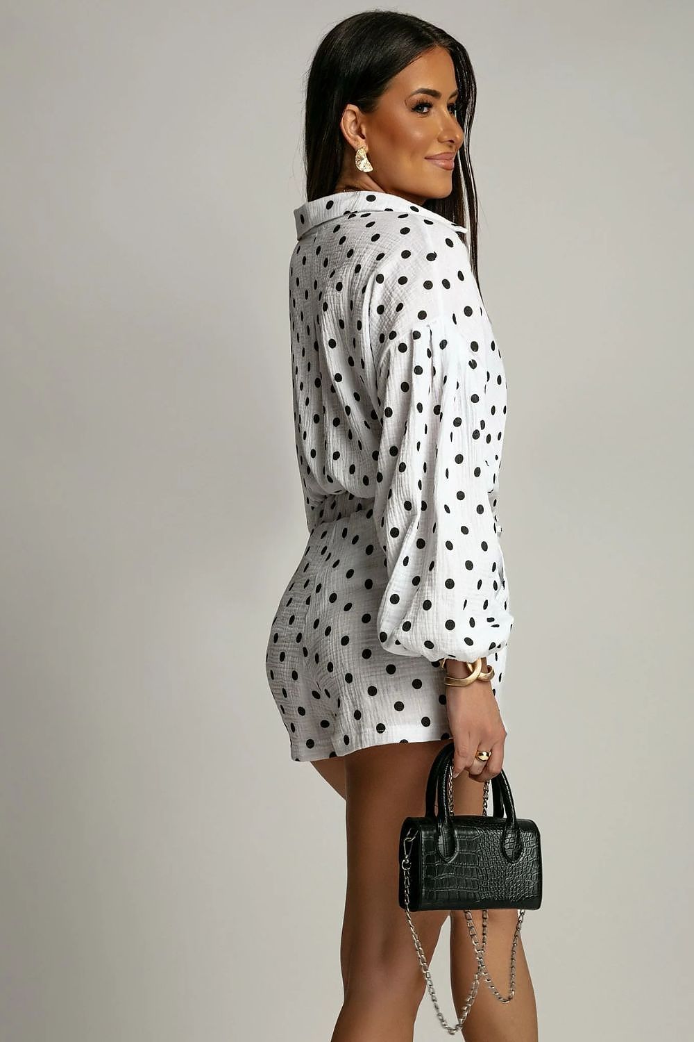 LaBalancia luxury ladies' black polka dot muslin shirt and high-waisted shorts set for elegant summer style.