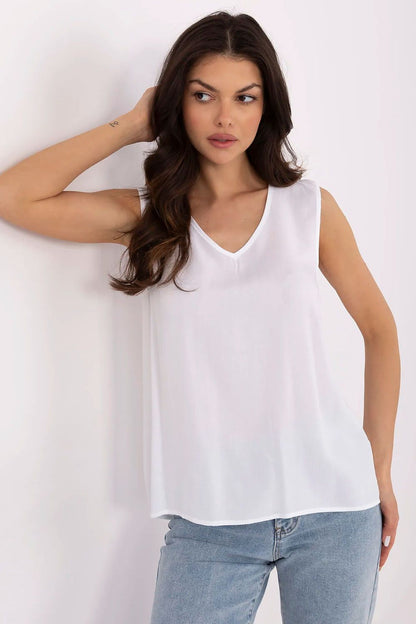 Luxury sleeveless viscose blouse for women by Sublevel, perfect for casual summer days with a round neckline and soft fabric.