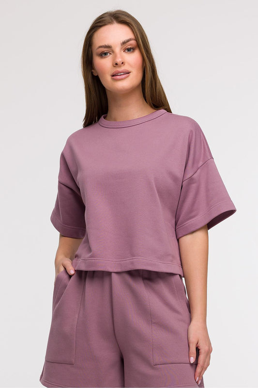 Elegant BeWear women's cropped blouse in a breathable cotton-polyester blend, featuring a boxy fit and minimalist design, perfect for summer styling.