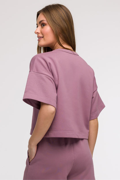 Elegant BeWear women's cropped blouse in breathable cotton-polyester blend, showcasing a minimalist boxy fit and round neckline, perfect for summer styling.