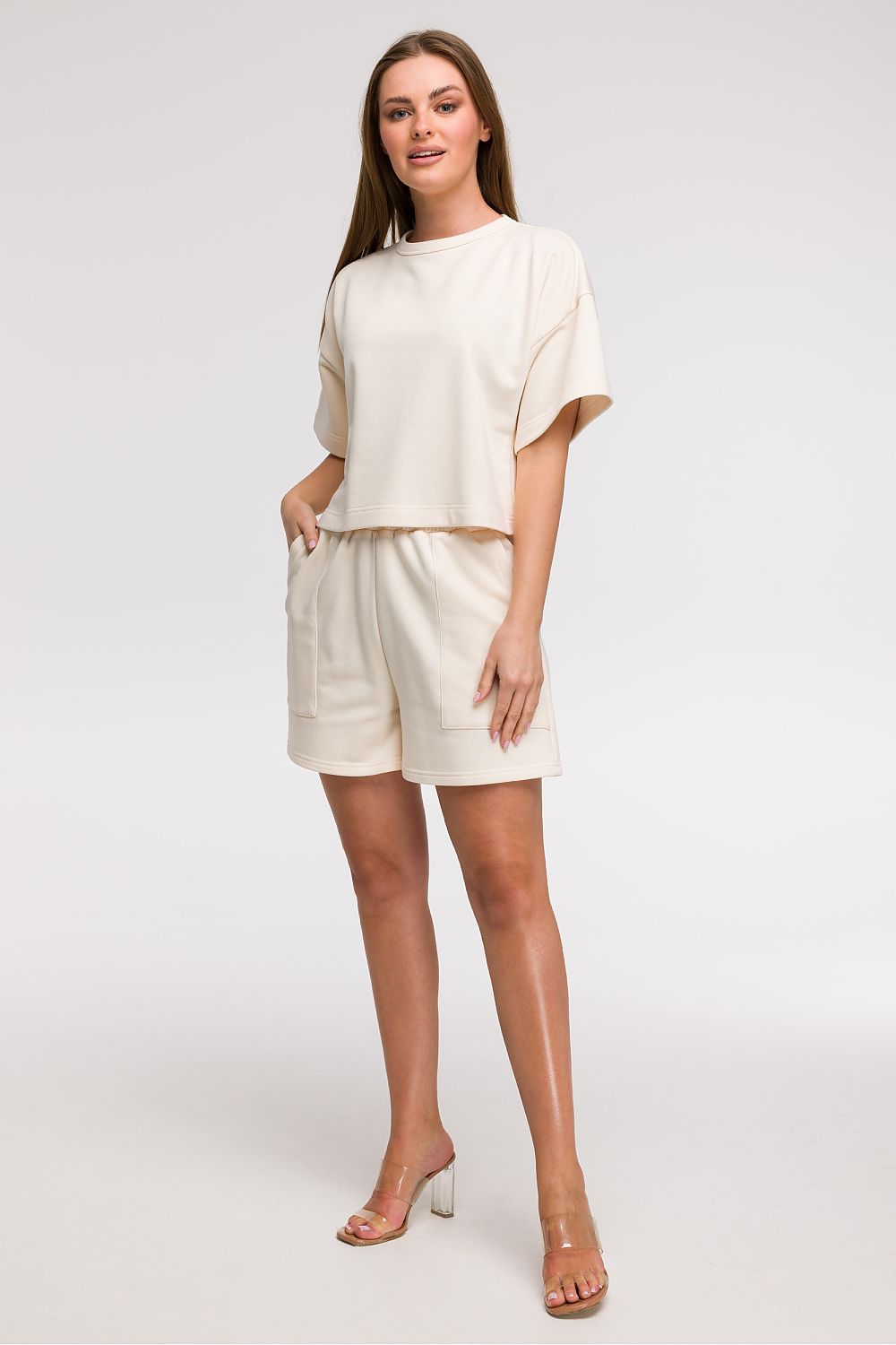 Chic BeWear women's boxy fit cropped blouse displayed on a model, highlighting its comfortable fit and breathable fabric, ideal for holiday and city wear.