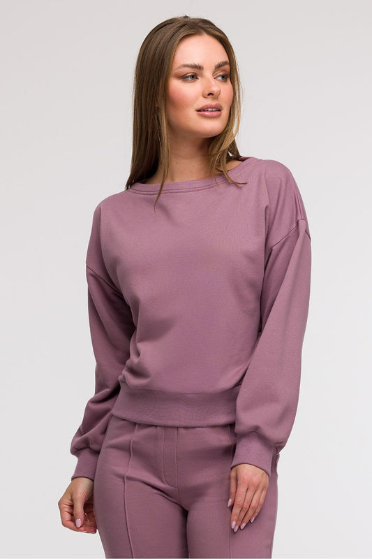 Feminine open back sweatshirt blouse by BeWear showcasing elegant design and loose oversized fit for chic comfort in every wear.