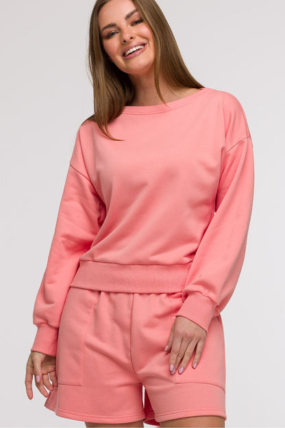 Elegant Feminine Open Back Sweatshirt Blouse by BeWear, showcasing its stylish oversized design and unique back detail.