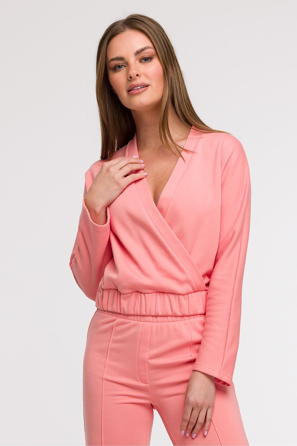 Close-up of BeWear's Women's V-Wrap Blouse, highlighting the delicate fabric and exquisite craftsmanship for luxurious everyday wear.