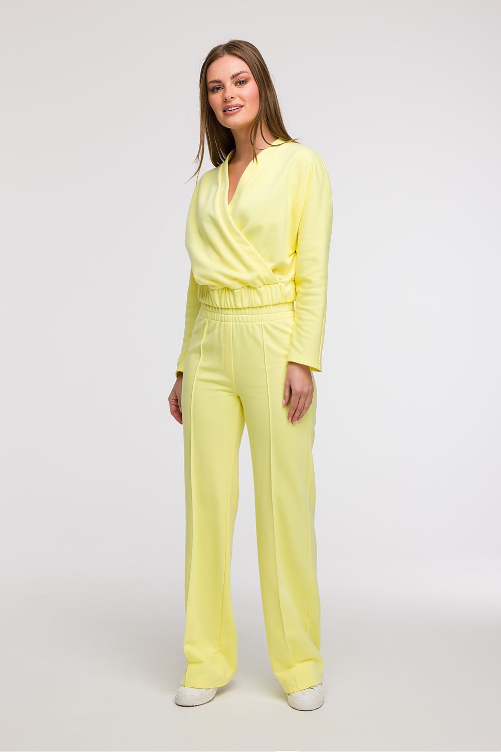 Elegant Women's V-Wrap Blouse by BeWear in a luxurious cotton blend, showcasing a flattering V-neck design and loose fit perfect for pear-shaped figures.