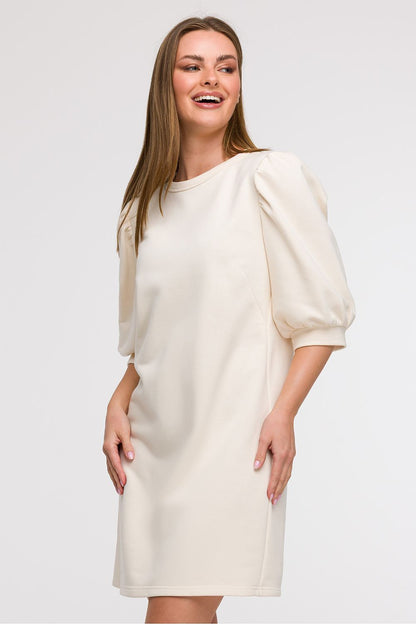 Elegant A-Line Daydress by BeWear, showcasing a lightweight cotton fabric, perfect for warm days and versatile styling for everyday wear. Features include a romantic round neckline, 3/4 puff sleeves, and a flowing silhouette that flatters various body types.
