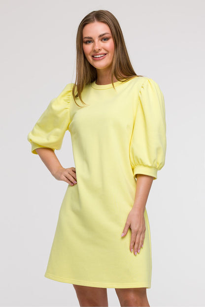 Close-up view of the feminine round neckline and eye-catching 3/4 puff sleeves of the Elegant A-Line Daydress by BeWear.