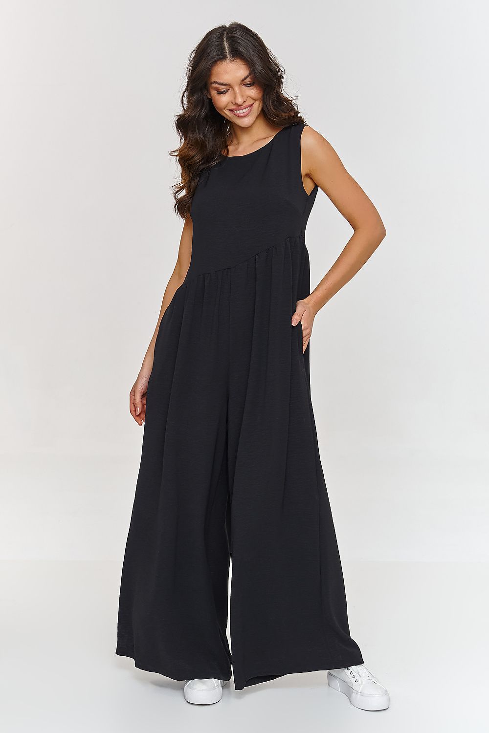 Elegant Makadamia Women's Decorative Maxi Jumpsuit, featuring a round neckline and wide leg trousers for a fashionable look.