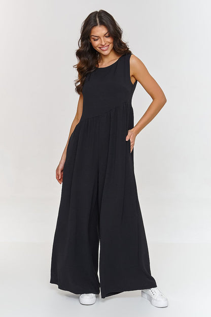Elegant Makadamia Women's Decorative Maxi Jumpsuit, featuring a round neckline and wide leg trousers for a fashionable look.