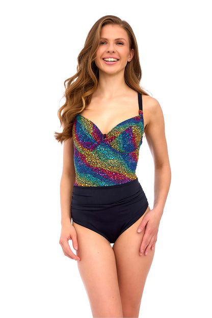 Elegant Lupo Line luxury one-piece swimsuit with built-in bra, featuring vibrant rainbow dot pattern, ideal for stylish beach or pool outings.