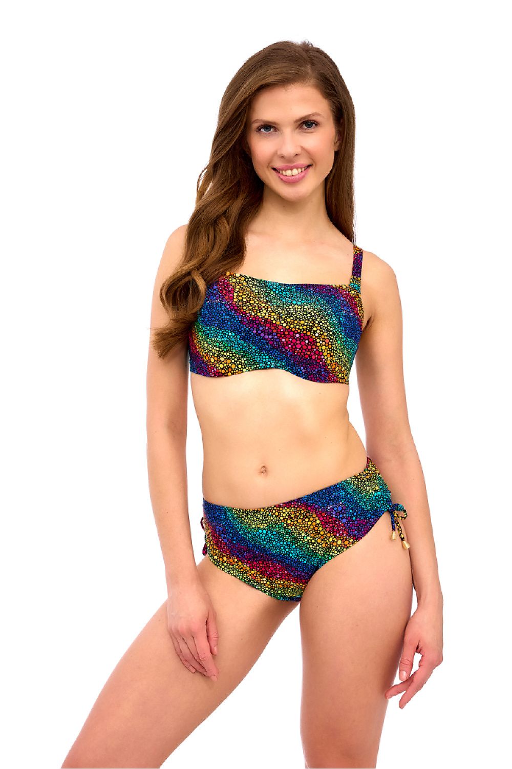 Luxury bandeau swimming bra by Lupo Line designed for large busts, featuring a colourful rainbow dot pattern, ideal for fashionable beach holidays.