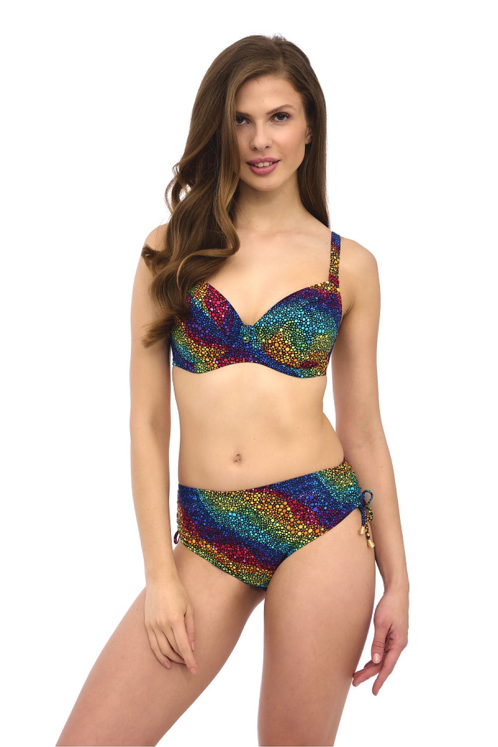 Lupo Line high-waisted rainbow swimming panties, showcasing elegant design and vibrant colours, perfect for summer beach outings.
