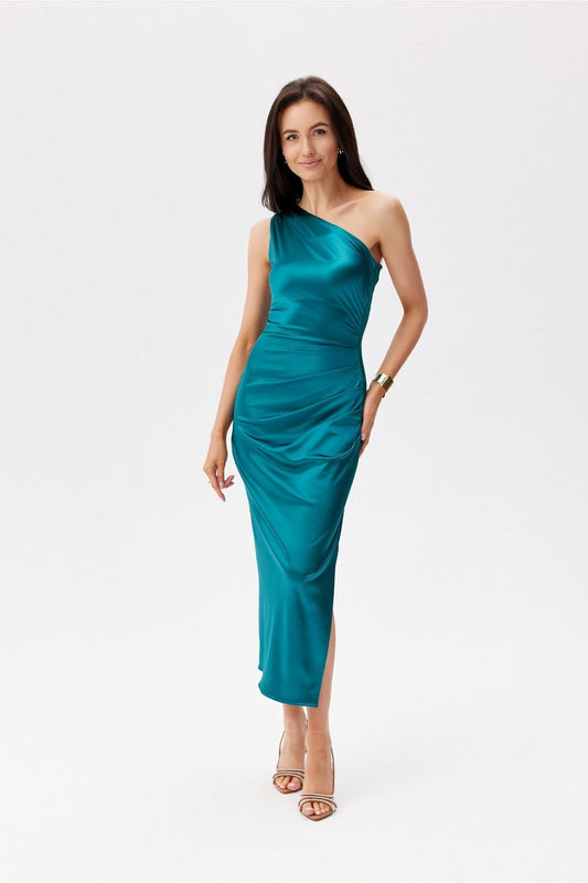 Stunning asymmetric one shoulder satin midi dress by Roco Fashion, showcasing elegant ruching and a chic leg slit.