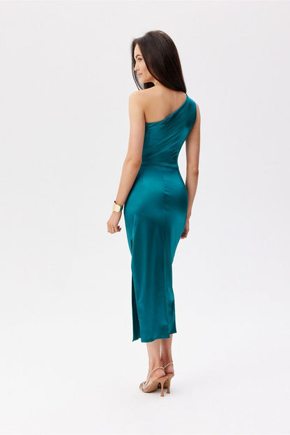 Elegant view of the satin midi dress from Roco Fashion, featuring a sophisticated one-shoulder design and stylish slit for added allure.