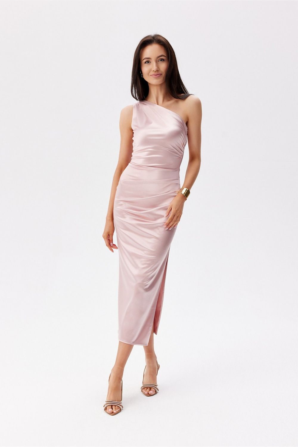 Beautifully designed satin midi dress by Roco Fashion, highlighting the elegant ruching and modern asymmetrical shoulder detail.