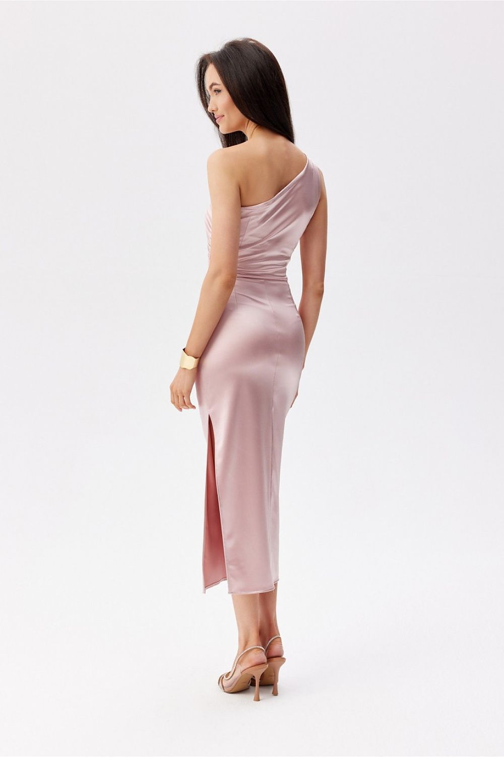 Elegant satin midi dress with asymmetrical one shoulder and leg slit, designed by Roco Fashion, available in sizes EU 34-44.