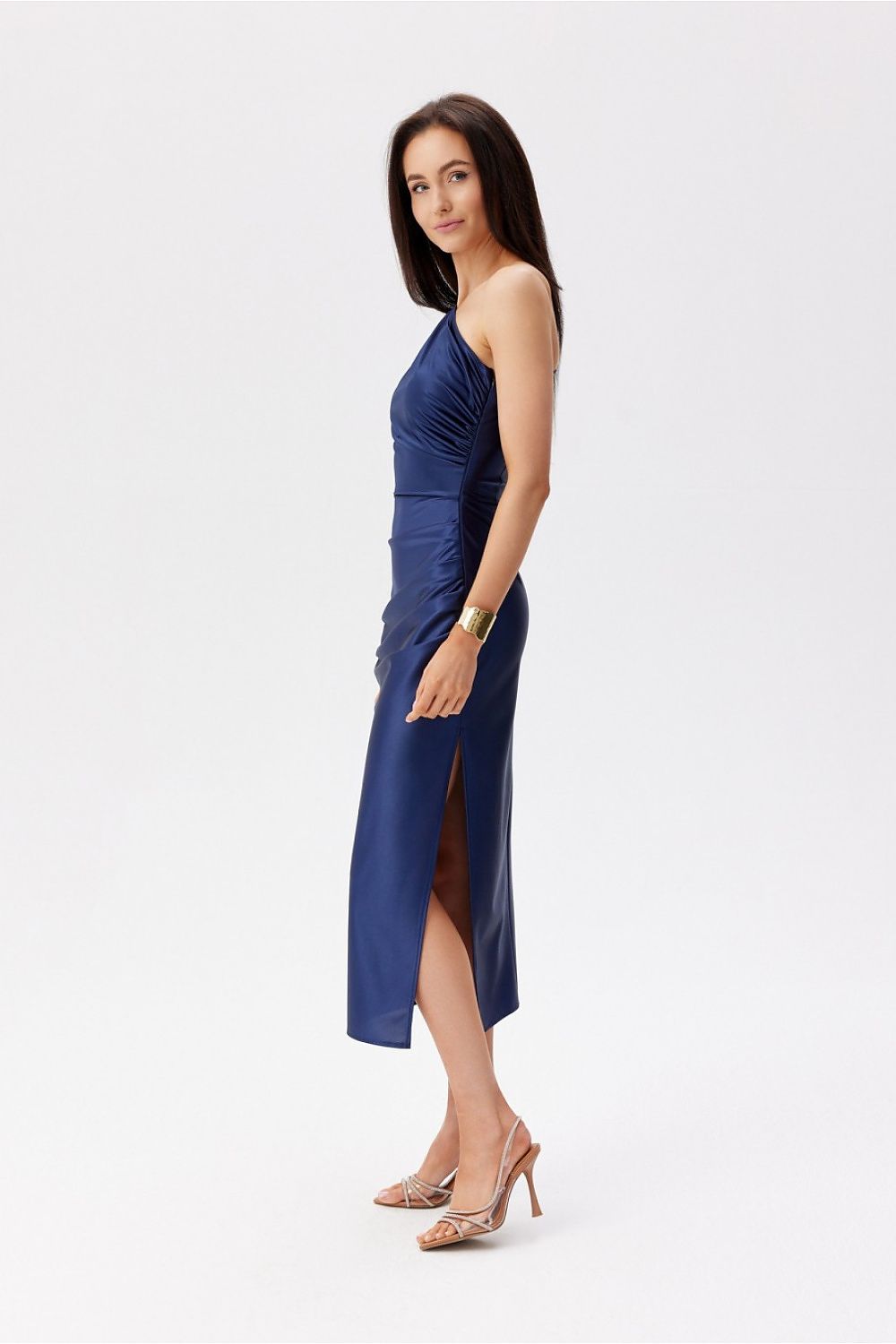 Full view of the Roco Fashion elegant satin midi dress showcasing its sleek straight fit and stylish leg slit.