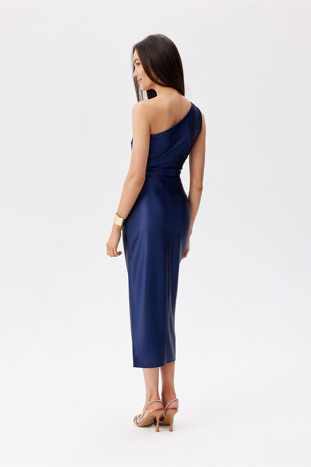 Back view of the luxurious satin midi dress by Roco Fashion, highlighting its elegant design and flawless silhouette.